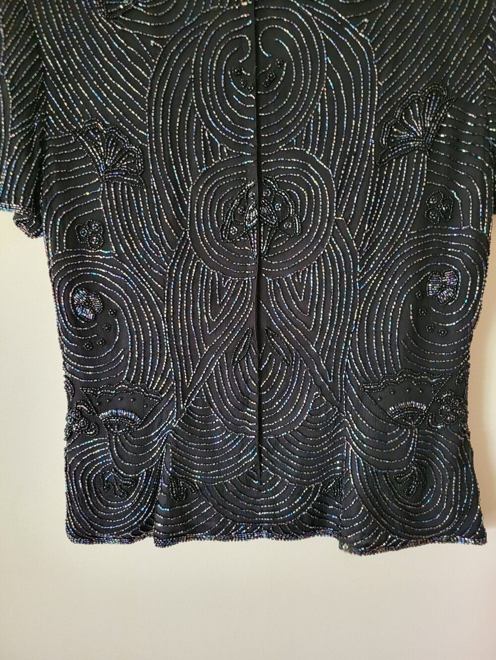 Vintage 90s Glam Goth Beaded Silk Mock Neck Top Black Short Sleeve Blouse Medium - Picture 7 of 9